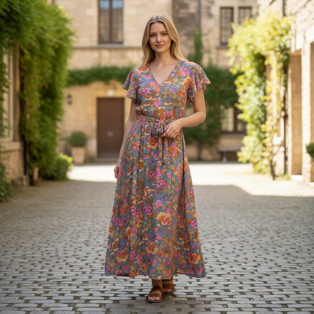 Rusttydustty Maxi Dress Womens 2XL Floral Boho Pink Orange Blue 70s Style